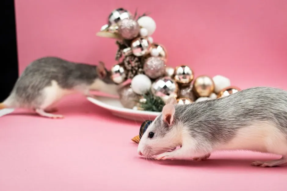 Two rats exploring Christmas decorations against a pink background, creating a festive scene.